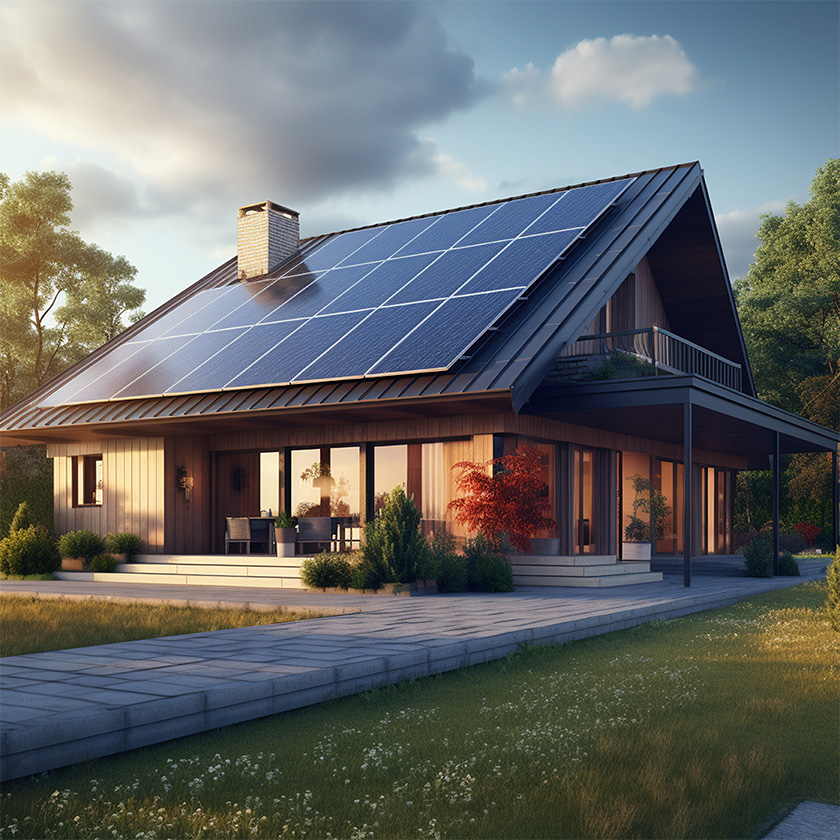 Maison moderne avec panneaux solaires au toit.