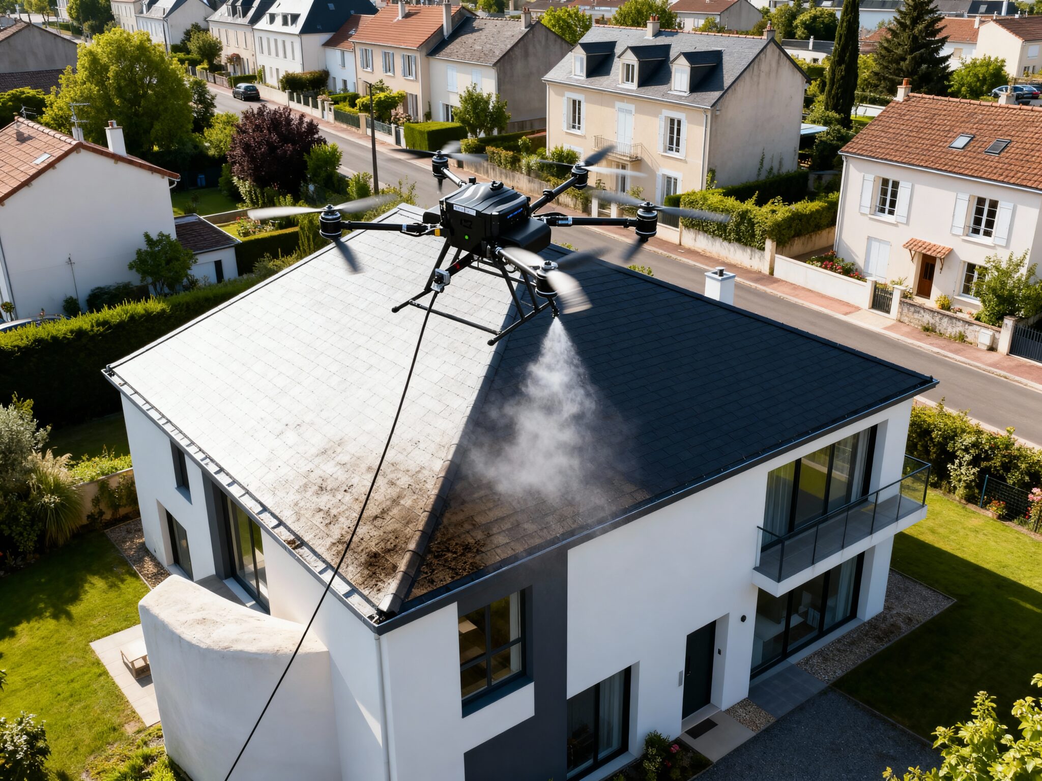 Drone nettoyant toit d&#039;une maison moderne