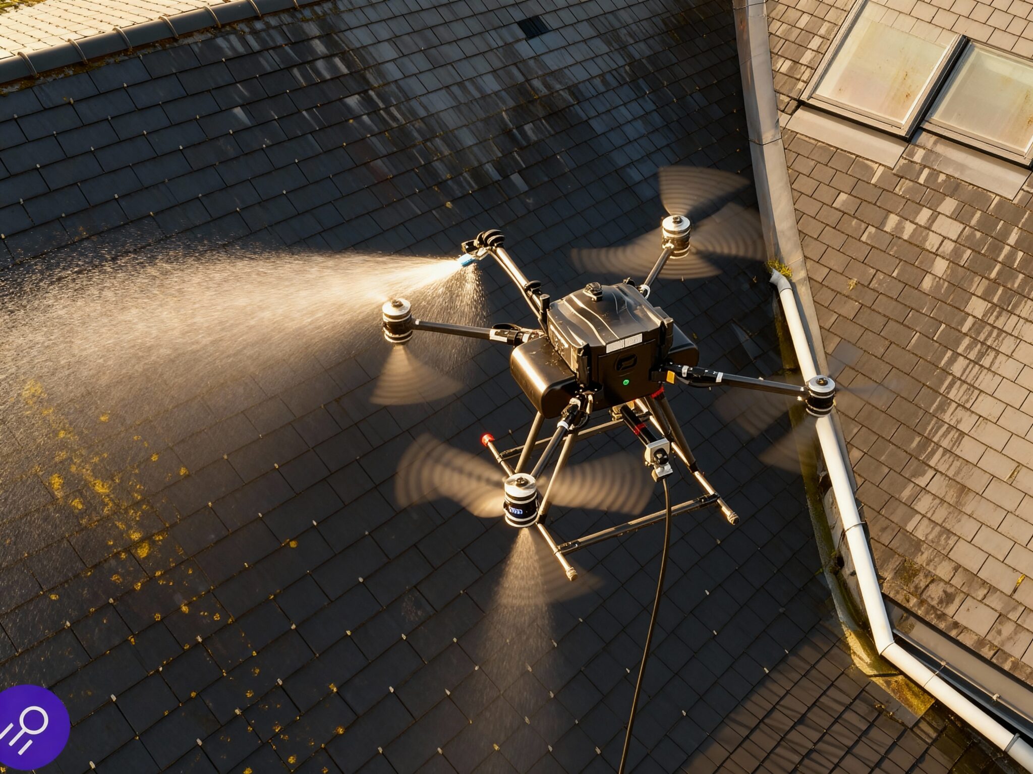 Drone pulvérisant de l&#039;eau sur un toit en ardoise.