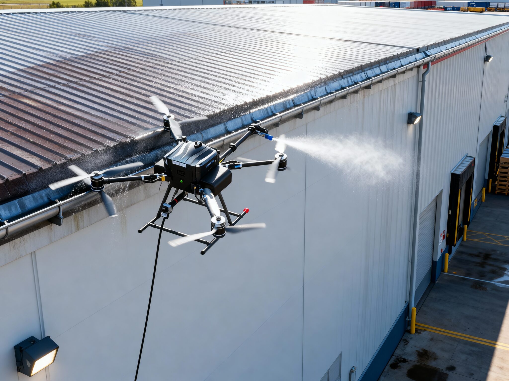 Drone pulvérisant un toit d&#039;entrepôt.