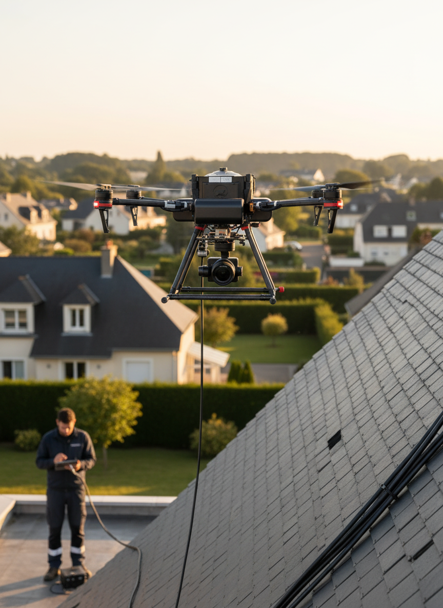 Vol de drone au-dessus d&#039;un toit de maison.