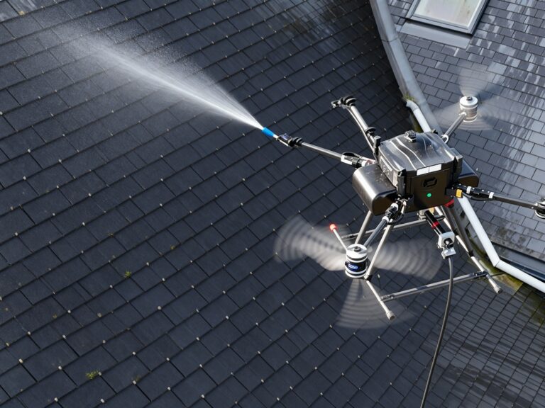 Drone nettoyant une toiture avec pulvérisateur à Loireauxence