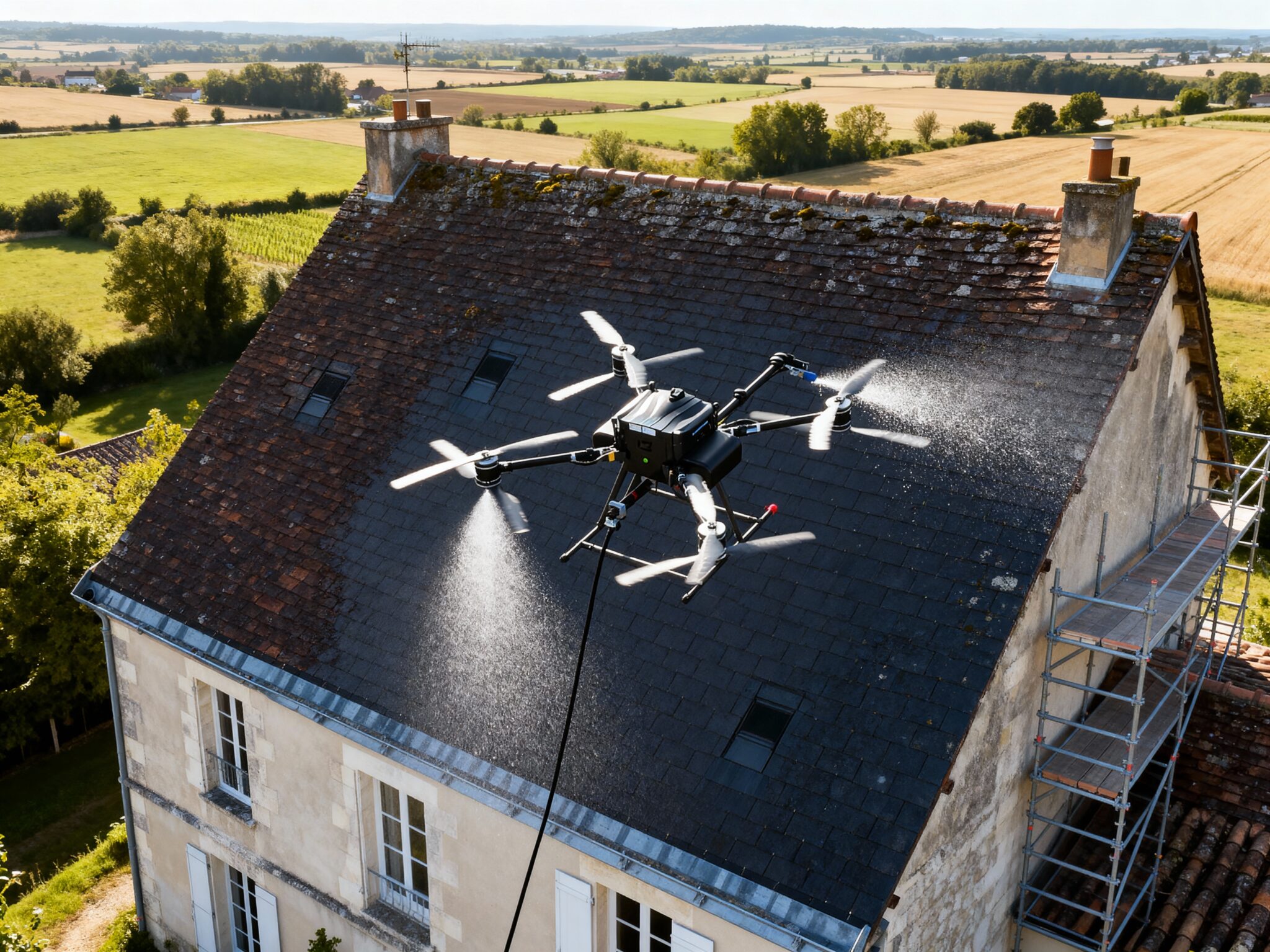 Drone pulvérisant le toit d&#039;une maison rurale.
