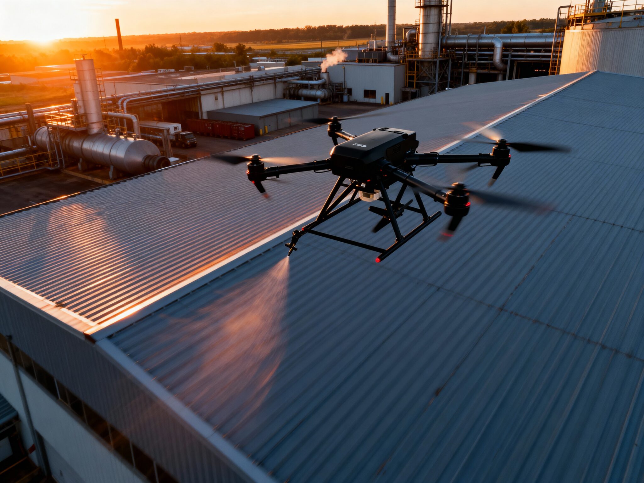 Drone survole un toit industriel au coucher du soleil.