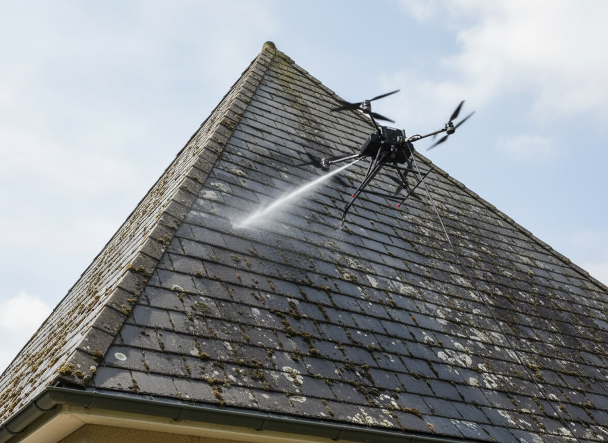 Drone nettoyant toit en ardoises.