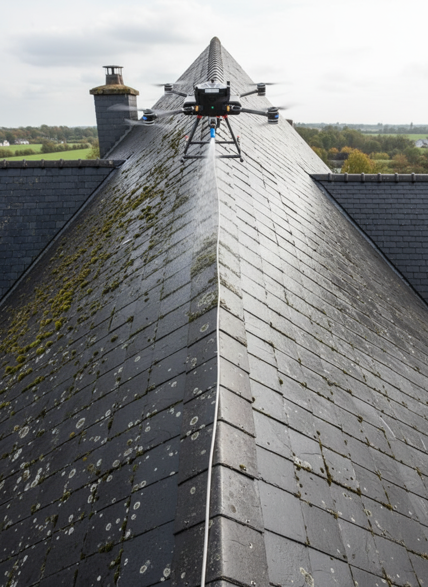 Drone nettoyant un toit en ardoise.